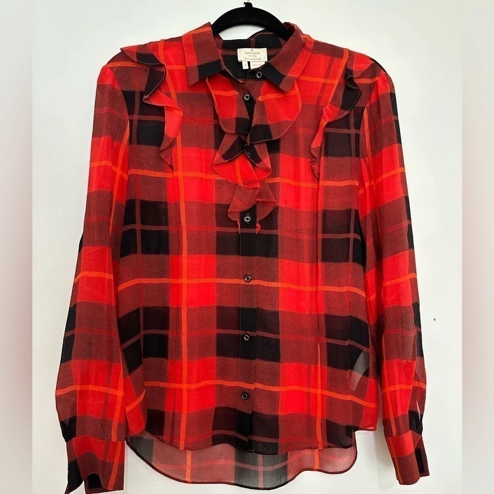 Kate Spade Red Plaid Semi Sheer Silk Ruffle Shirt size 2
